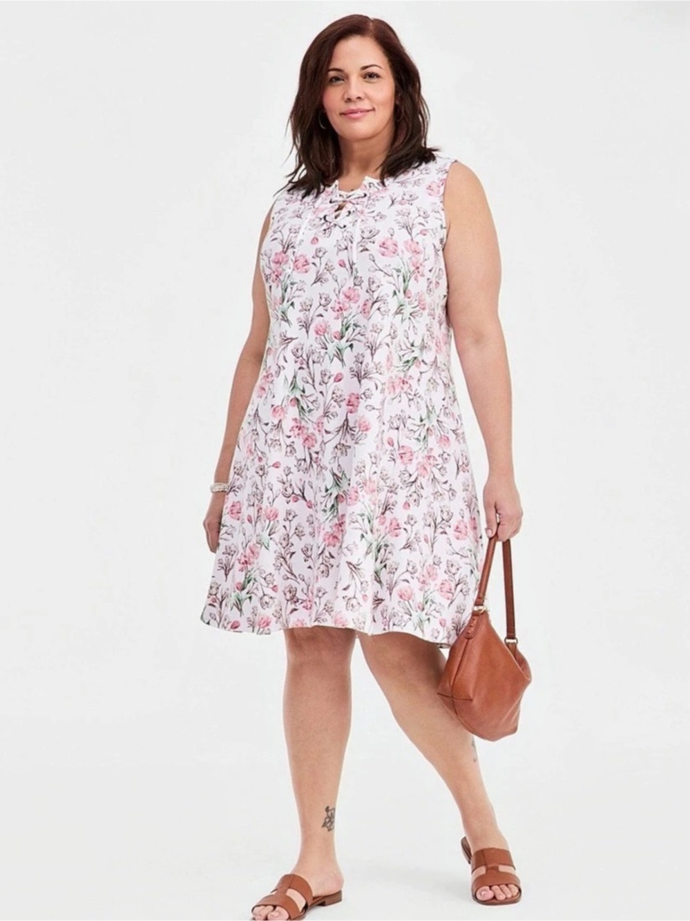 Style & Co Plus Size Printed Lace-Up Sleeveless Knit Dress White & Pink